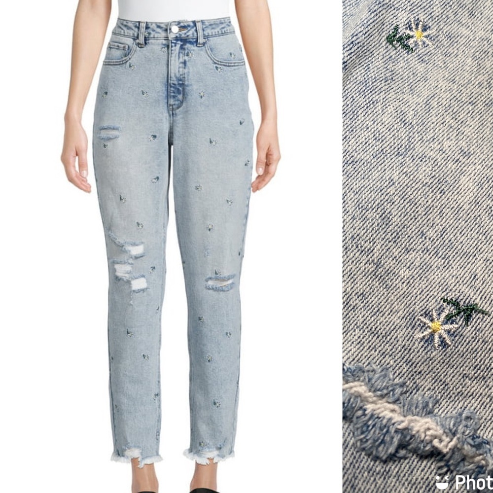 Material Girl Daisy Embroidered Mom Jeans
